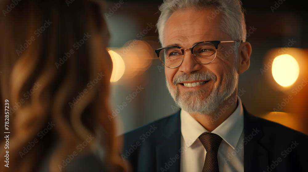 A man and a woman are smiling at each other. The man is wearing glasses and a suit. smiling business man, white hair, prescription glasses, greeting a woman A man and a woman are smiling at each other. The man is wearing glasses and a suit. smiling business man, white hair, prescription glasses, greeting a woman