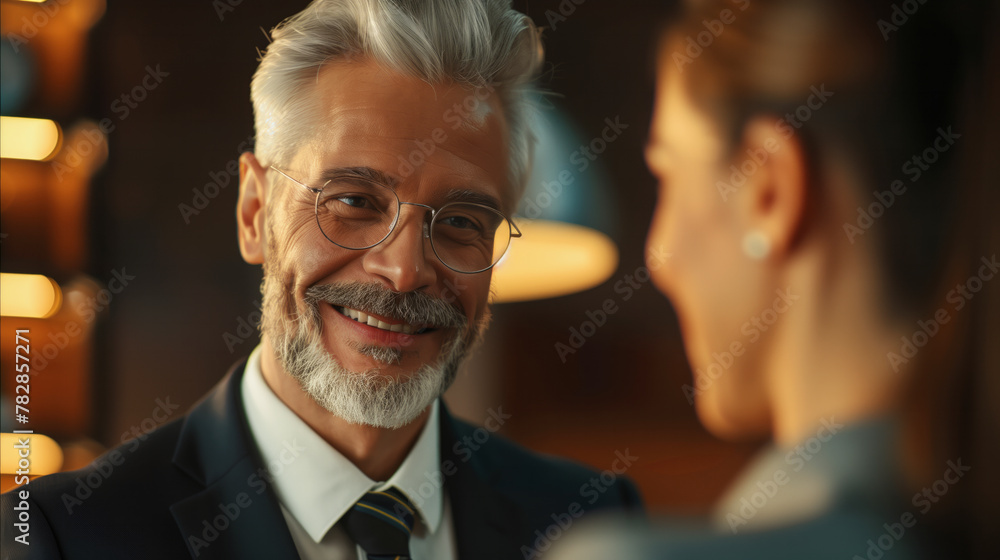 A man and a woman are smiling at each other. The man is wearing glasses and a suit. smiling business man, white hair, prescription glasses, greeting a woman