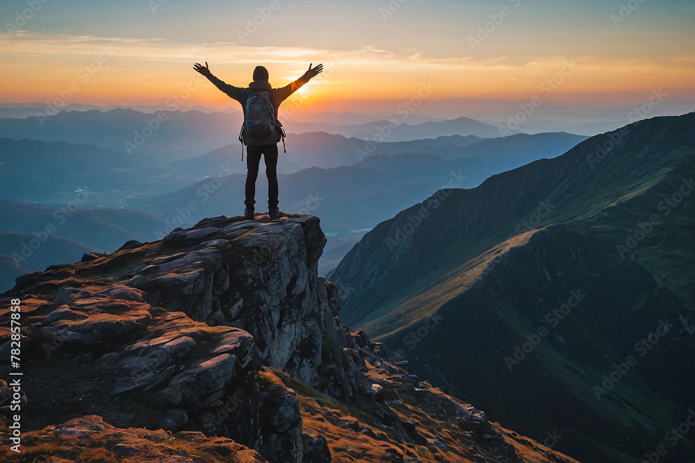silhouette of a lone person standing on top of a mountain with arms stretched towards the sky to celebrate their success