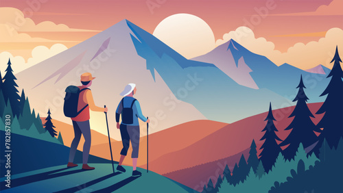 An elderly couple both with walking sticks hiking along a challenging mountain trail. As they reach the summit and admire the breathtaking view