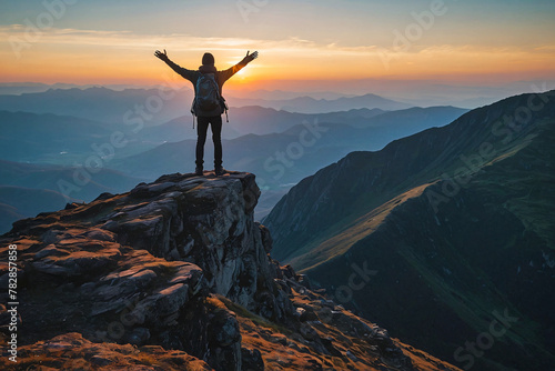 silhouette of a lone person standing on top of a mountain with arms stretched towards the sky to celebrate their success
