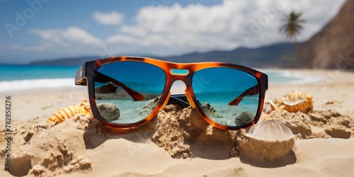 summer brown Sunglasses on beach sand surrounded with seashells and ocean background