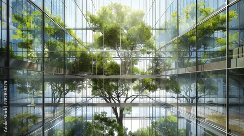 A glass office tower with a unique tree-filled courtyard visible through transparent walls, utilizing rainwater harvesting and solar energy systems.  © muhammad