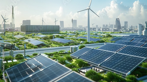 A green rooftop data center with an array of solar panels and wind turbines, showcasing the use of renewable energy in digital infrastructure.  © muhammad