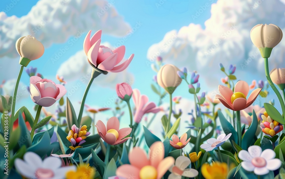 3D cartoon flower background, realistic illustration of spring flowers 3D cartoon flower background, realistic illustration of spring flowers