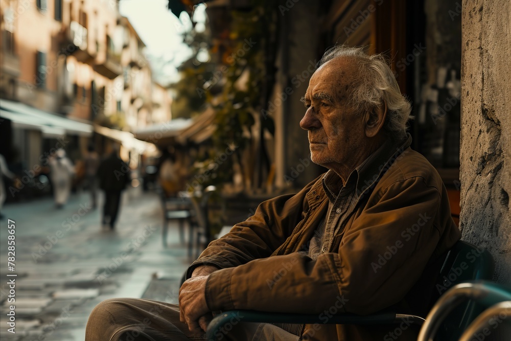Elderly man sitting on a bench in the street of Rome, Italy