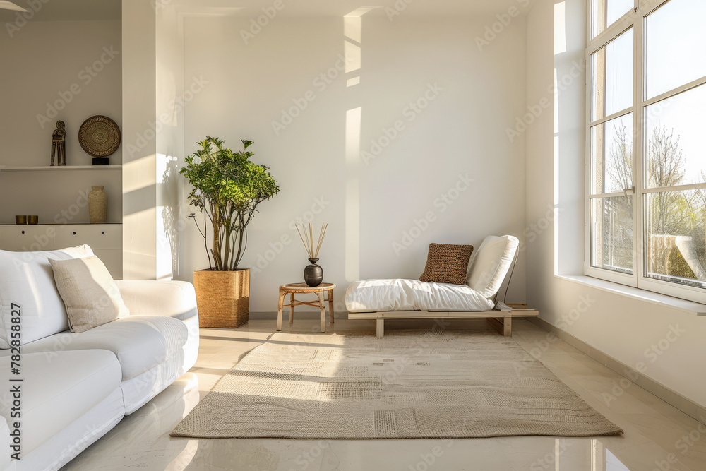 Serene minimalist bedroom in peach tone. Interiors composition in a luxury home Serene minimalist bedroom in peach tone. Interiors composition in a luxury home