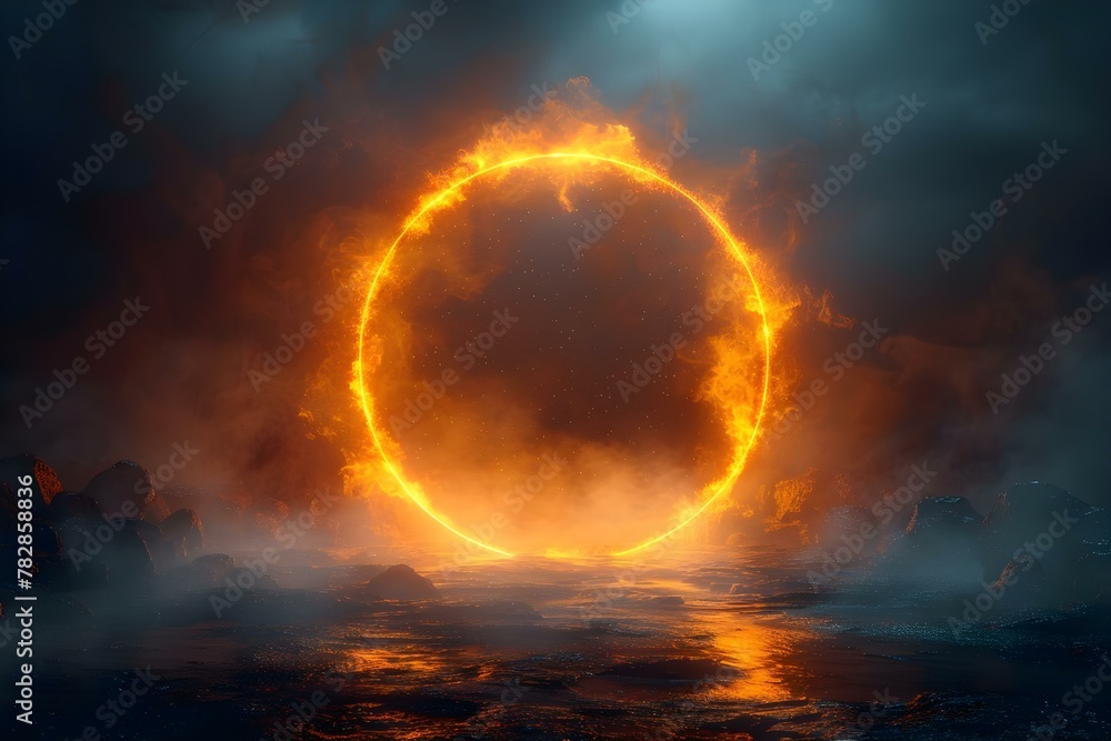 Fiery Golden Ring Hovering Above Mystic Waters. Concept Fantasy, Elements, Landscape, Gold, Water Fiery Golden Ring Hovering Above Mystic Waters. Concept Fantasy, Elements, Landscape, Gold, Water