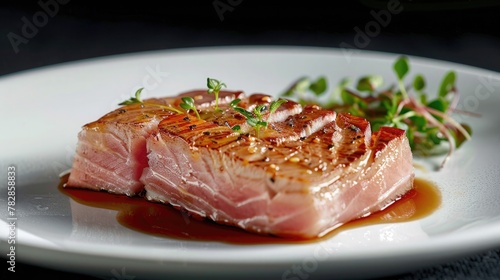 Exquisite food photography showcasing a seared tuna steak on a plate, highlighting World Tuna Day for a restaurant menu