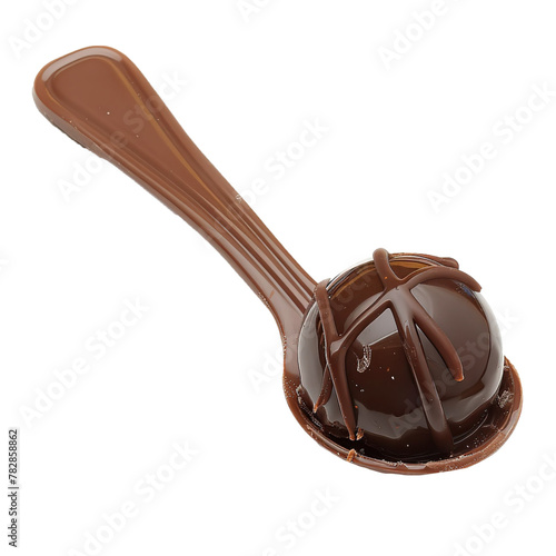 chocolate spoon with scoop of dark chocolate ice cream on white background. photo