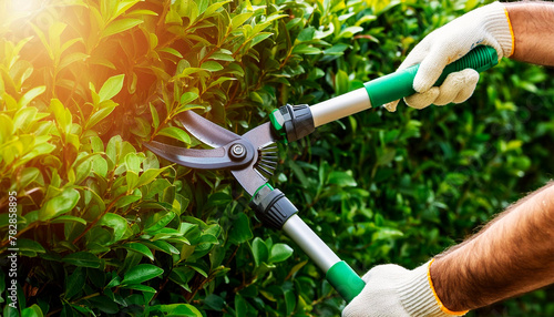 Close-up of the hands of a professional gardener man with gloves and pruning shears, pruning a green hedge in the garden. Generative Ai.