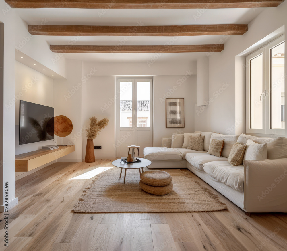 Fototapeta premium Serene minimalist bedroom in peach tone. Interiors composition in a luxury home