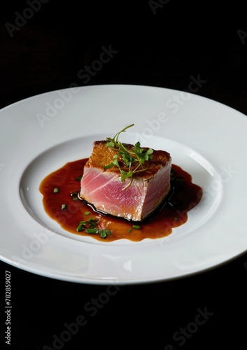 Exquisite food photography showcasing a seared tuna steak on a plate  highlighting World Tuna Day for a restaurant menu