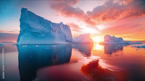 A resplendent sunset casting warm hues over icebergs floating in a calm arctic sea photo
