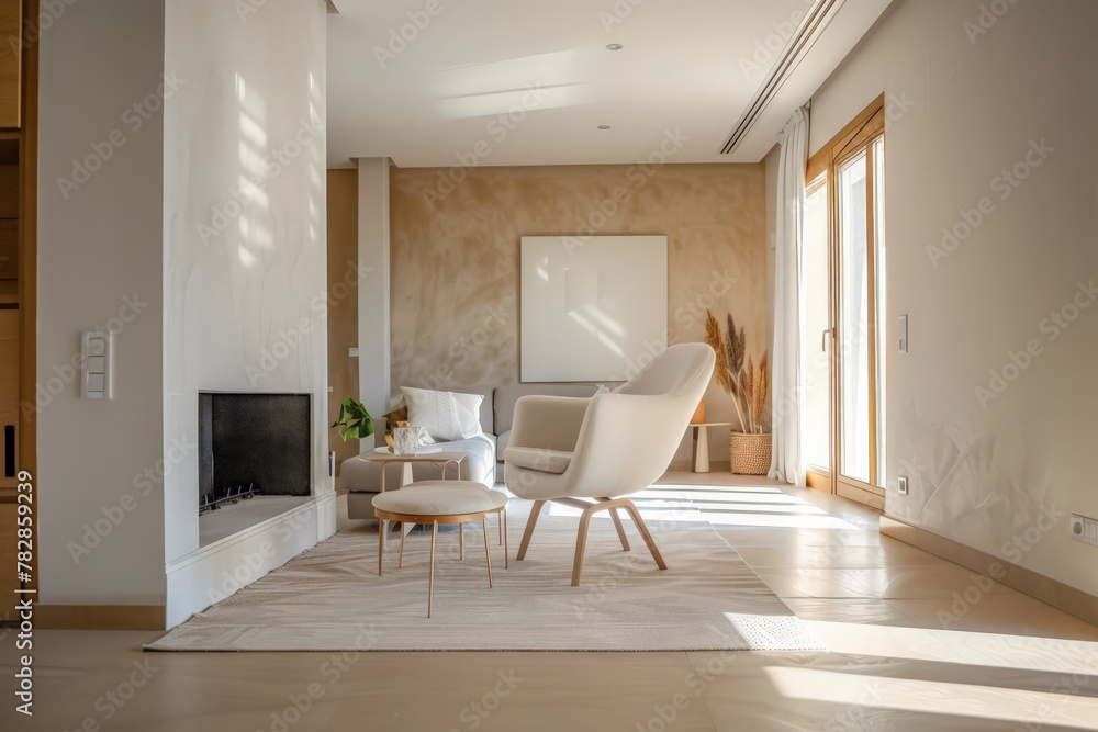 Fototapeta premium Serene minimalist bedroom in peach tone. Interiors composition in a luxury home