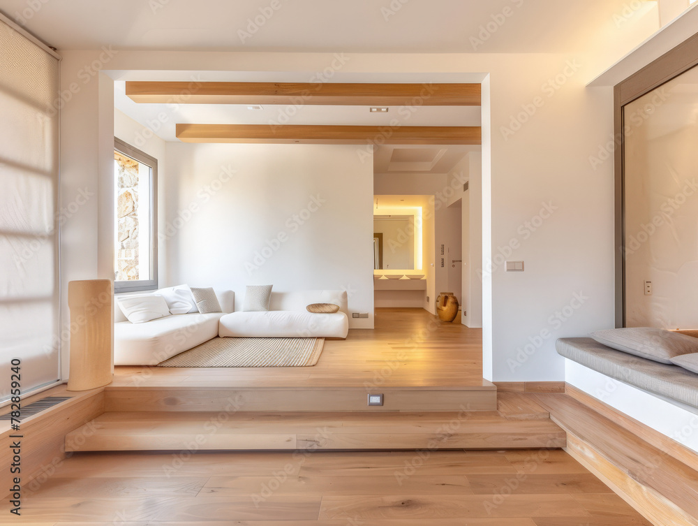 Fototapeta premium Serene minimalist bedroom in peach tone. Interiors composition in a luxury home