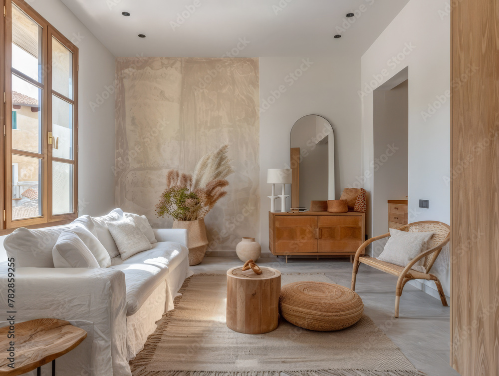 Serene minimalist bedroom in peach tone. Interiors composition in a luxury home Serene minimalist bedroom in peach tone. Interiors composition in a luxury home