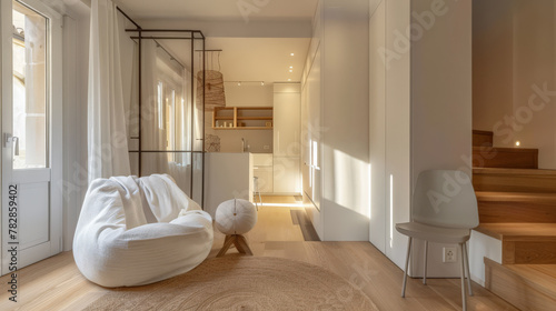Serene minimalist bedroom in peach tone. Interiors composition in a luxury home