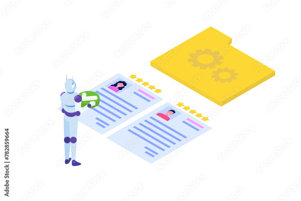 HR AI, robots scanning CV for searching vacancy candidates. Isometric Vector illustration. HR AI, robots scanning CV for searching vacancy candidates. Isometric Vector illustration.