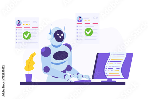 HR AI, robots scanning CV for searching vacancy candidates. Flat Vector illustration.
