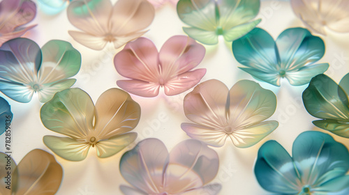 Pastelcolored translucent flowers and petals arranged in an intricate pattern on the white background. Minimal spring background. Closeup, top view, dreamy atmosphere. © VesnAI