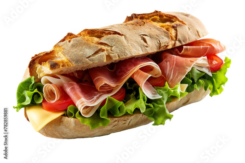 Sandwich with ham, cheese and vegetables isolated on a transparent background.