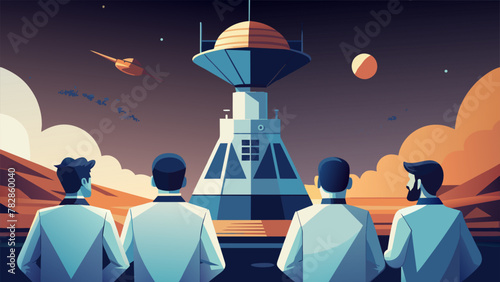 A team of scientists huddle around a large communications system their eyes glued to the screen as they wait for a signal from a distant probe.