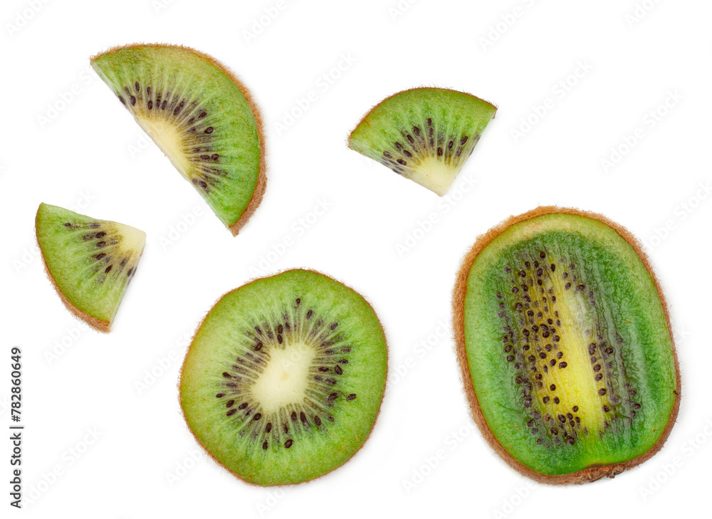 Fototapeta premium Kiwi fruit slices isolated on a white background, top view