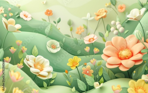 3D cartoon flower background  realistic illustration of spring flowers