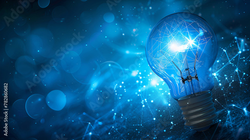 There is a light bulb on the left with bright white light ,against a dark blue background ,Ideas for effective networking ,Innovation and idea symbol with light bulb shape 