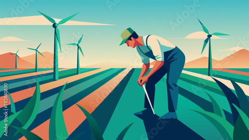 A farmer tends to rows of vibrant green cornstalks in a field interspersed with towering wind turbines. The farm implements both traditional photo