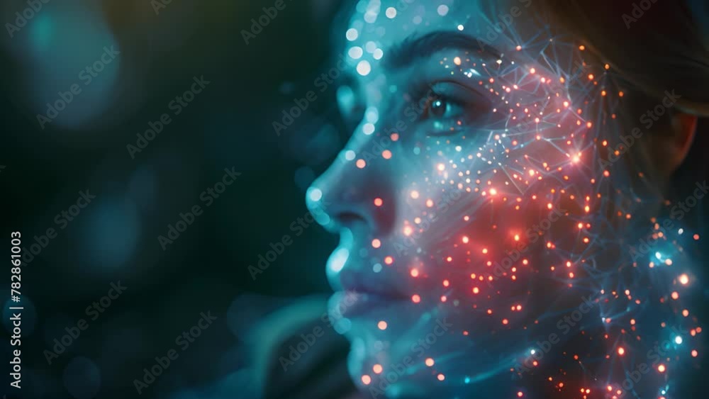 Digital identity animation: Intricate biometric facial mesh, futuristic innovation. Digital identity animation: Intricate biometric facial mesh, futuristic innovation.