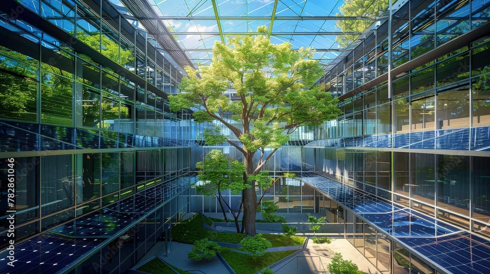 A modern, glass-walled office building with a large, leafy tree integrated into its central atrium, featuring energy-efficient design and rooftop solar panels. 