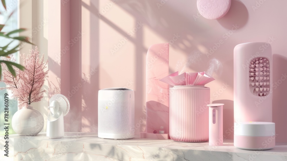 3D render of pastel air purifiers, humidifiers, fans, stylish living 3D render of pastel air purifiers, humidifiers, fans, stylish living