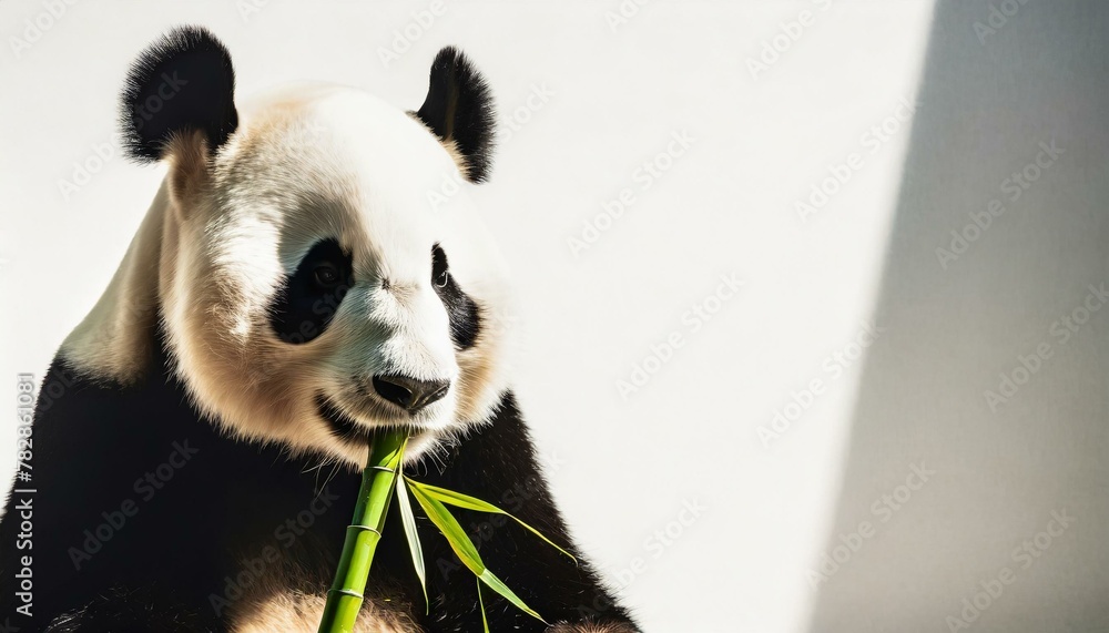 Fototapeta premium A stylized image of a panda with a few bold strokes, focused on eating a simple green bamboo shoot, against a clean, white background for contrast.