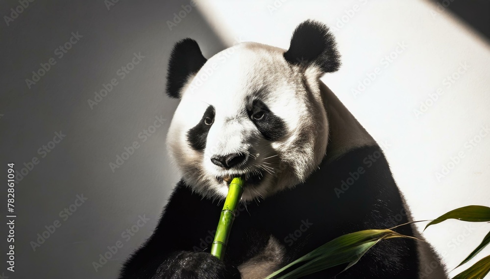 Naklejka premium A stylized image of a panda with a few bold strokes, focused on eating a simple green bamboo shoot, against a clean, white background for contrast.