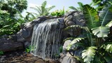 A natural-looking water feature resembling a small waterfall, blending into a rock garden. The scene includes lush plants and a clear area in the sky for adding design concepts