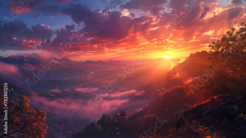 A breathtaking panoramic view of a colorful sunrise over a misty mountain valley.