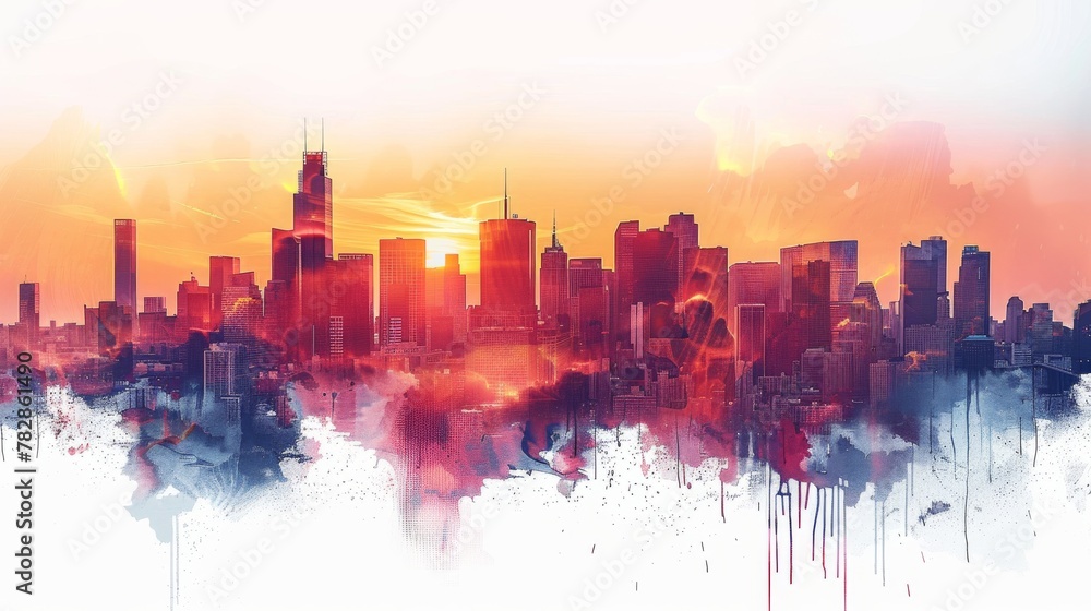 Isolated on a white background, a city emerges through the double exposure paintbrush design