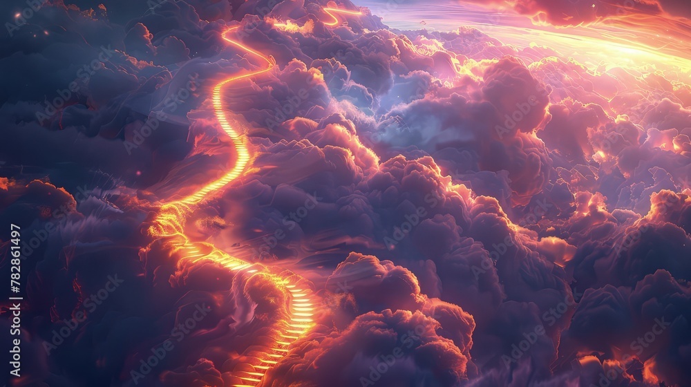 A pathway of light forming a stairway amidst the clouds, leading to a distant, glowing horizon, symbolic of an ascension to the heavens. 