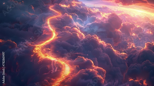 A pathway of light forming a stairway amidst the clouds, leading to a distant, glowing horizon, symbolic of an ascension to the heavens. 
