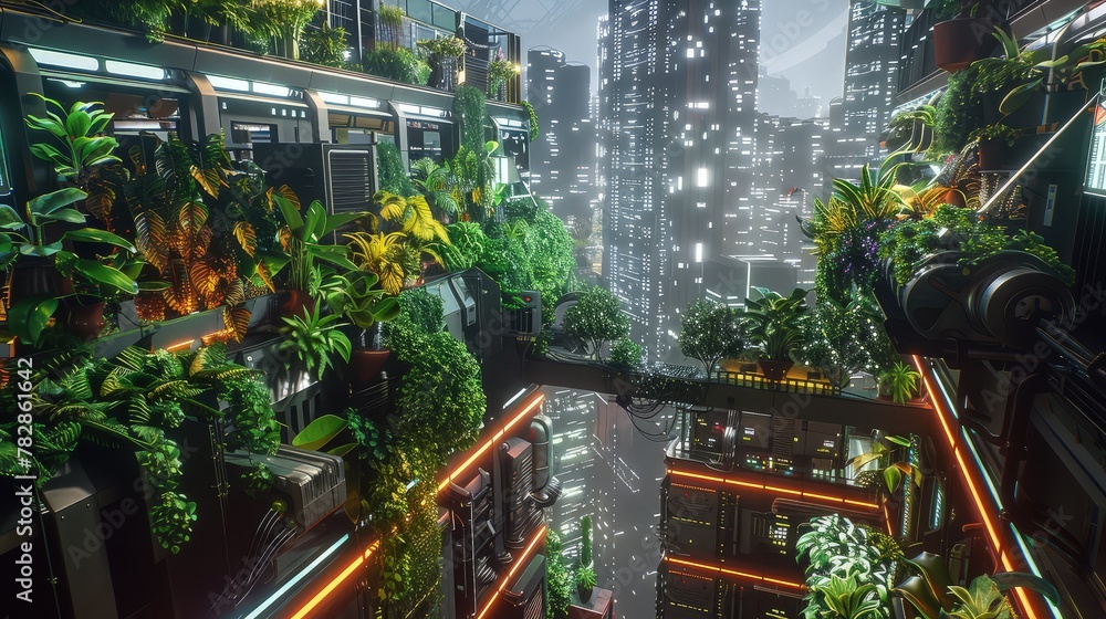 A rooftop botanical haven with advanced environmental controls, providing a stark contrast to the dense, cyberpunk urban jungle below.