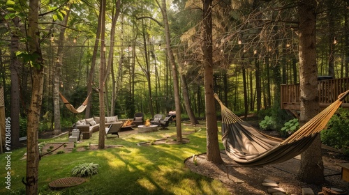 A secluded backyard surrounded by tall trees, creating a private, forest-like ambiance. 