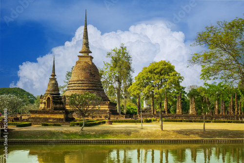 Beautiful landscape of Wat Mahathat in Sukhothai Historical Park, Thailand.