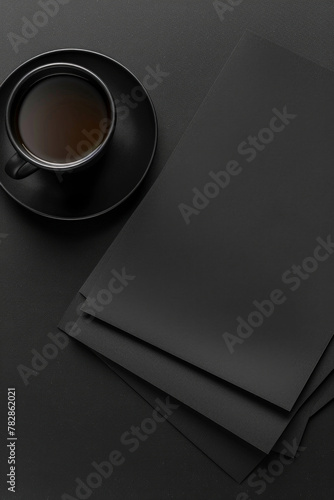 Black black color A4 paper on a black desk with a mug of coffee in an elegant style