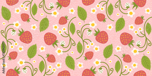 Design of a seamless strawberry pattern with charming berries, flowers, green leaves. Repeated surface design applicable for apparel, textiles, wrapping paper, and additional purposes.