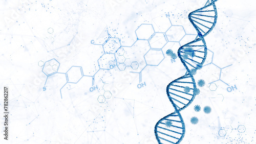 Chemical structure with blue DNA chain isolated on white. Copy space abstract illustration background.