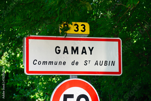 Gamay, commune Saint Aubin, Cote de Beaune, Cote d'Or, Burgundy, Bourgogne-Franche-Comté, France, Europe - Sign on road D 33 informing that is  Gamay village in Saint-Aubin commune 