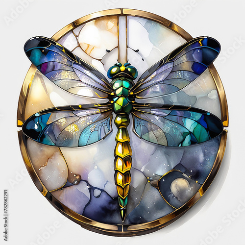 Gold watercolor stained glass window with black marbled dragonfly on a white background.