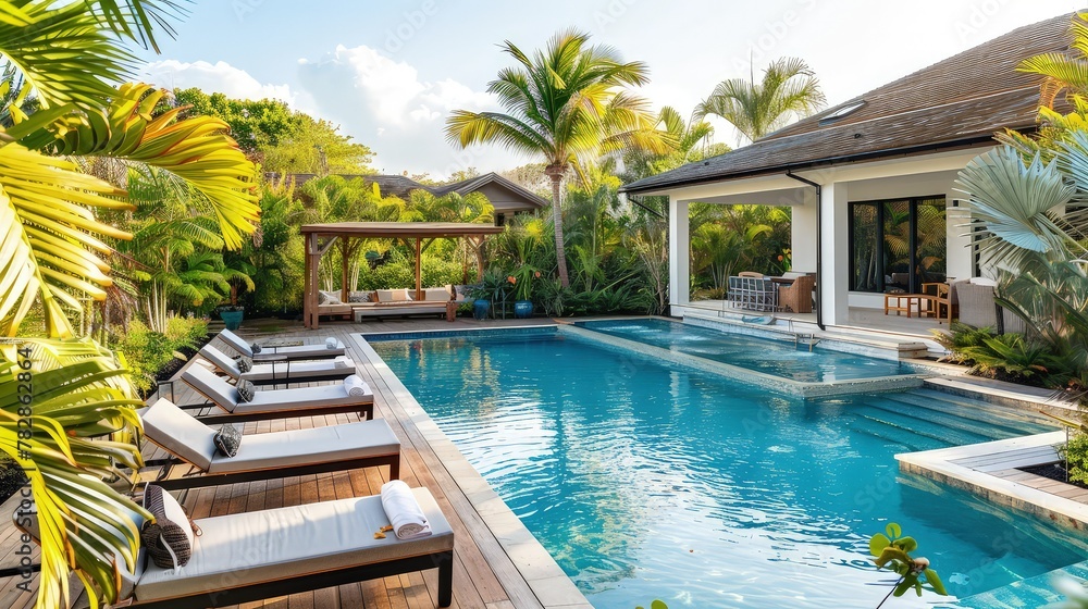 A spacious backyard with a large swimming pool and sun loungers on the deck. 